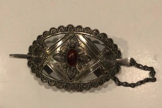 Vintage Large 925 Sterling Silver Hair Barrett Pin Clip.  With Red Stone