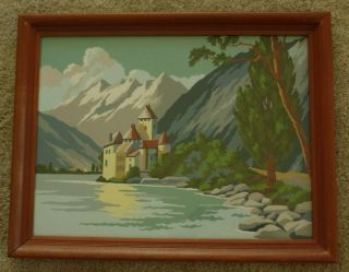Vintage Paint By Number Framed W/ Glass Picture Mountains Castle Lake 16 " X 12 "