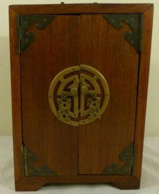 Vintage Oriental Chinese Wood Wooden Jewelry Box Brass