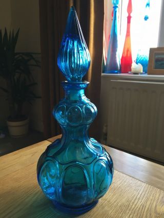Blue Gourd Vintage Mcm Italian Empoli Glass Genie Bottle Decanter