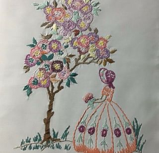 LOVELY LARGE VINTAGE HAND EMBROIDERED TABLECLOTH CRINOLINE LADIES/TREES/FLORA 2
