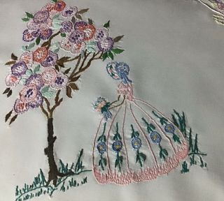 LOVELY LARGE VINTAGE HAND EMBROIDERED TABLECLOTH CRINOLINE LADIES/TREES/FLORA 3