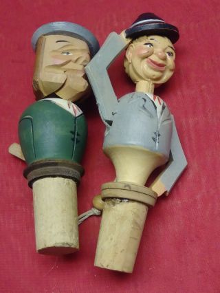 2 Vintage German Hand Carved Wood And Cork Bottle Stoppers,  Mechanical
