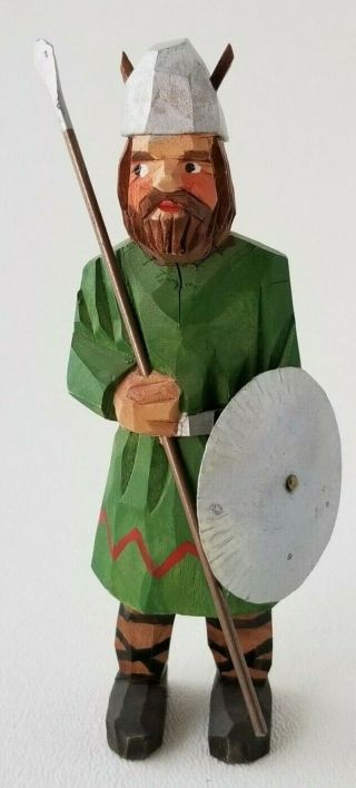 Vintage Carved Wood Viking Figure With Metal Shield Denmark 4.  5 "