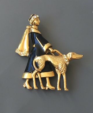 Vtg Art Deco Style Lady Walking Dog Brooch Pin In Matte Gold Finish