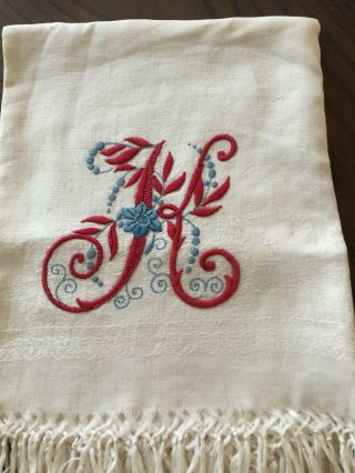 Vintage Large Antique Damask Linen Towel W/ " K” Monogram