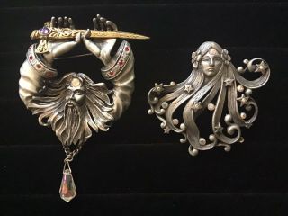 Vintage Brooch Pins Signed J.  J.  Angel Fairy Woman And Magical Wizard W/crystal
