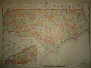 Vintage 1894 North Carolina Map Old Antique Large Folio Size Atlas Map