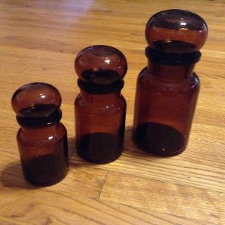 Vintage Belgium Brown Amber Glass Apothecary Bottle Jar With Top.  Set Of 3