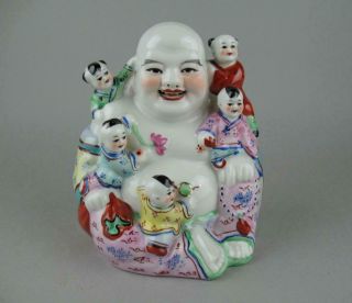 Vintage Chinese Porcelain Happy Laughing Buddha With 5 Children Figure 6 "