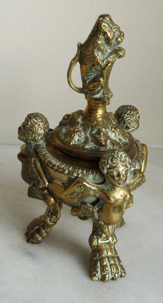 Vintage Brass Lidded Pot With Angel Decoration And Lion Lid 15.  5cm Tall