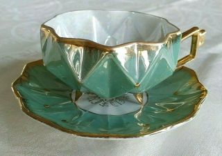 Rare Vintage Royal Sealy China 3 - Footed Iridescent Green Geometric Teacup/saucer