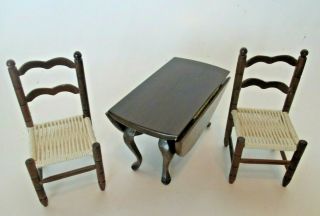 Sonia Messer Gateleg Dining Table w 2 Ladderback Chairs Vtg Dollhouse Miniatures 3