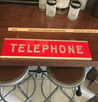 Vintage Telephone Booth Reverse Nylon Type Glass Sign Red— Size,  19.  5 X 5