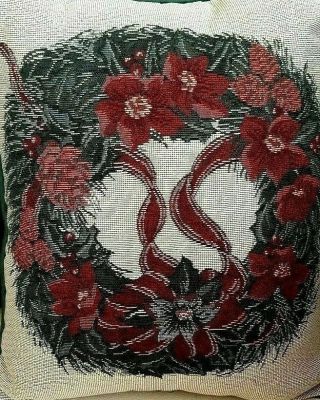 Holiday Needlepoint Pillow Vintage With Christmas Wreath - Seasonal Decor Linens