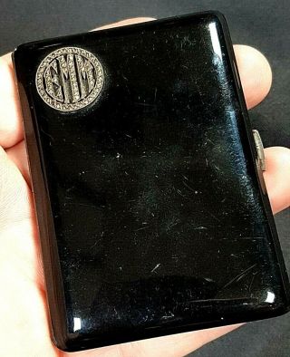 Antique French Art Deco Black Enamelled Silver Cigarette Case C1920