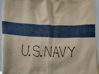 Vintage Us Navy Wool Blanket Blue Stripe United States Military Twin