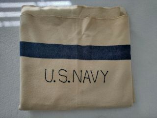 Vintage US Navy Wool Blanket Blue Stripe United States Military Twin 2