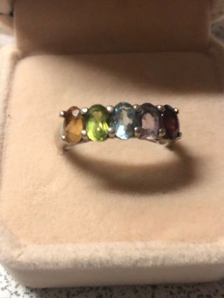 Vintage 5 Oval Multi Color Stone Sterling Silver Ring Size 7.  75