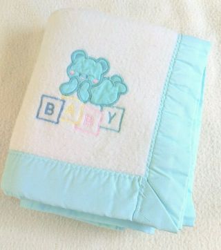 Cuddle Time Acrylic Baby Blanket Bear On Blocks White With Teal Trim Vintage