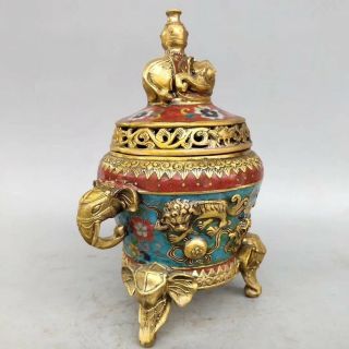 Chinese Cloisonne Incense Burner Carved Elephant Three feet Brass incense burner 3