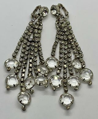 Vintage Signed Hattie Carnegie Long Drop Open Back Crystal Earrings - Gorgeous