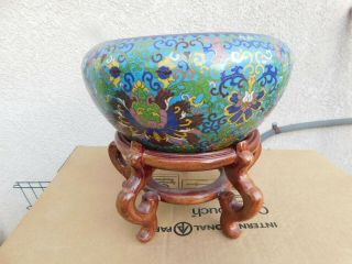 Big Antique Chinese Cloisonne Enamel Floral Basin With Wood Stand