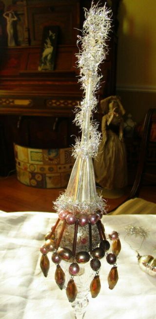 Outstanding Delicate Antique Christmas Tree Topper /tinsel,  Beads Glass -
