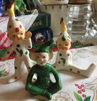 Vintage Christmas Pixies Ornaments Polka Dots Green Ceramic Elf Figurine Japan