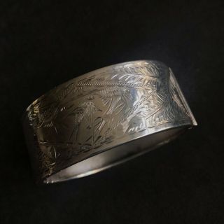Vintage English George V1 Bright Cut Silver Bangle With Birds And Foliage