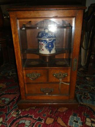 Antique Smoking Tobacco Collectable Oak Smokers Cabinet With Bevelled Glass Door