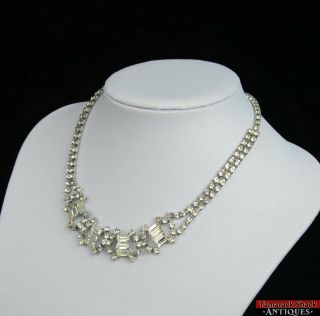 Vtg Art Deco Clear Rhinestone Choker Necklace Silver Toned 15 " Hook Clasp F1x