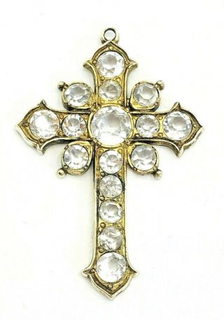 Antique Cross Crucifix Pendant Art Deco 1920s Silver Gilt With Diamond Paste