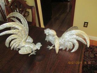 Vintage Pair Silver Tone Metal Roosters In Cock Fight Positions Heavy