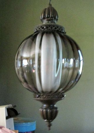 Vintage Mid Century Modern Retro Hanging Swag Lamp With Smoked Glass Globe