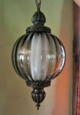 Vintage Mid Century Modern Retro Hanging Swag Lamp With Smoked Glass Globe 2