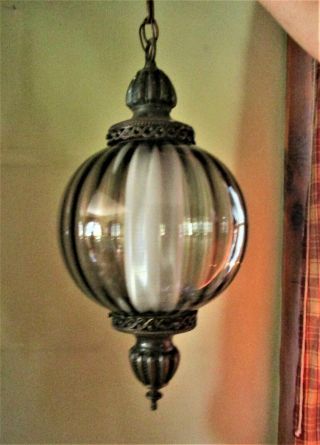 Vintage Mid Century Modern Retro Hanging Swag Lamp With Smoked Glass Globe 3