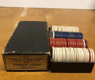 Vintage Box Of Thesco Chicago Hardwood Poker Chips (box Has Wear - 1930s/1940s?)
