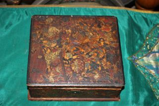 Antique Chinese Hand Painted Wood Trinket Sewing Box - Birds Foo Dogs Flowers Men