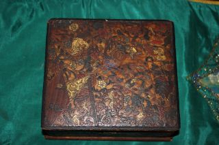 Antique Chinese Hand Painted Wood Trinket Sewing Box - Birds Foo Dogs Flowers Men 2