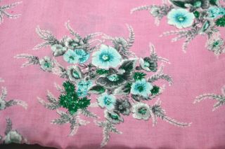 Stunning Vintage Fabric 4 Yards Pink & Green Teal Flowers Mcm 50s 60s
