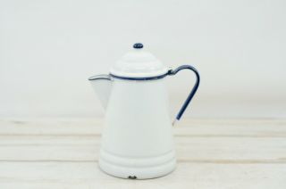 Vintage Enamel Ware Coffee Pot White With Blue Trim Vgc
