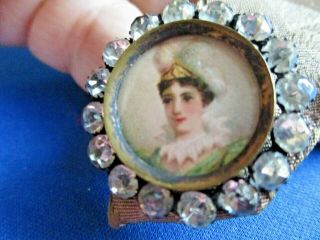 Antique French Hand Painted Miniature Portrait Button With Paste Stones