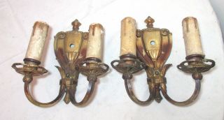 2 Antique Ornate Cast Brass Two Arm Electric Wall Fixture Sconces