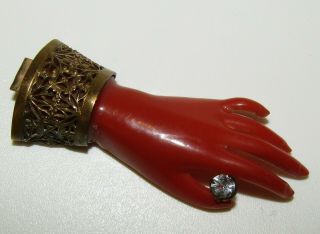 Rare,  Very Large,  Antique Georgian Coral Hand Brooch With Rock Crystal