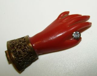 RARE,  VERY LARGE,  ANTIQUE GEORGIAN CORAL HAND BROOCH WITH ROCK CRYSTAL 3