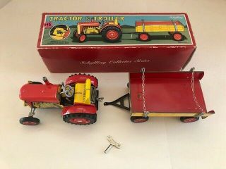 Vintage Schylling Tin Tractor & Trailer And Key