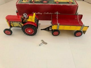 Vintage Schylling TIN TRACTOR & TRAILER and Key 2