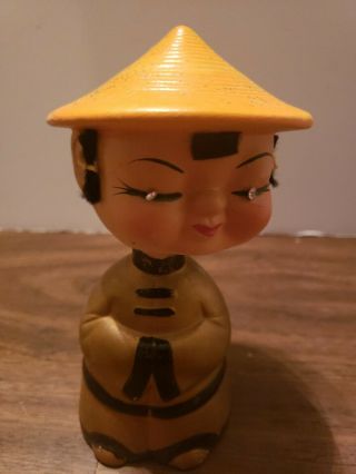 Vtg Nodder Rhinestone Eyes Asian Bobble Head Bobblehead Japanese Chinese Doll
