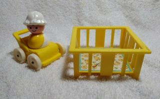 Vintage Fisher Price Little People Baby Girl In Bonnet,  Stroller,  And Playpen